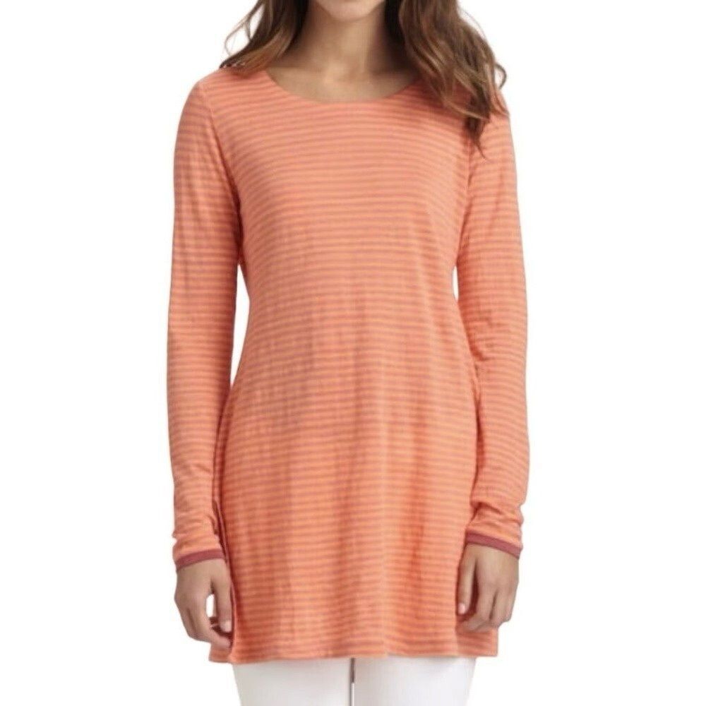 Eileen Fisher 100% Linen Orange and Pink Striped Long Sleeve Tunic Top